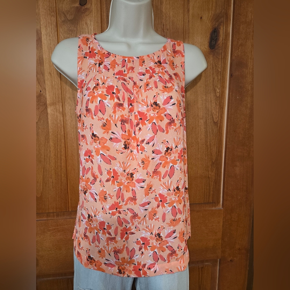 LOFT Petites Coral and White Floral Blouse